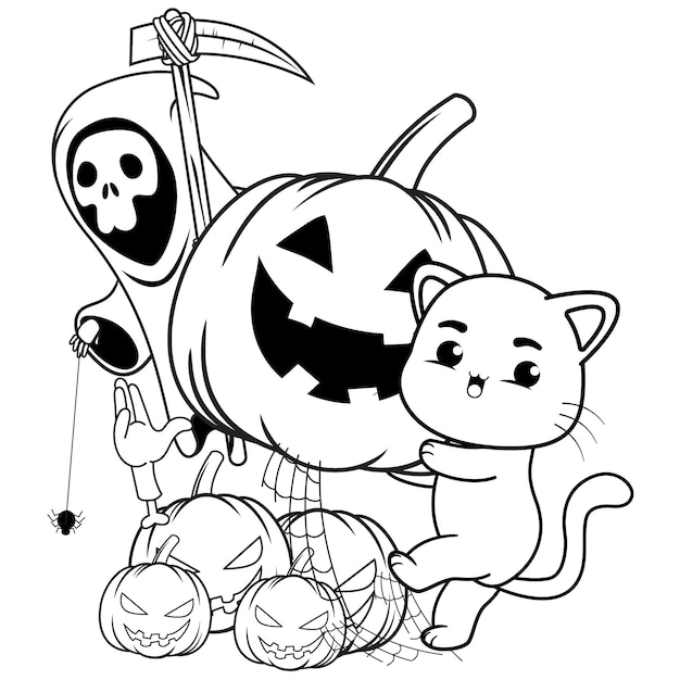 Halloween coloring page with cat for kids