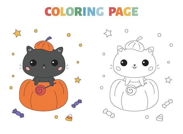 Halloween coloring page with cute black cat in pumpkin