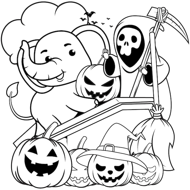 Halloween coloring page with elephant for kids