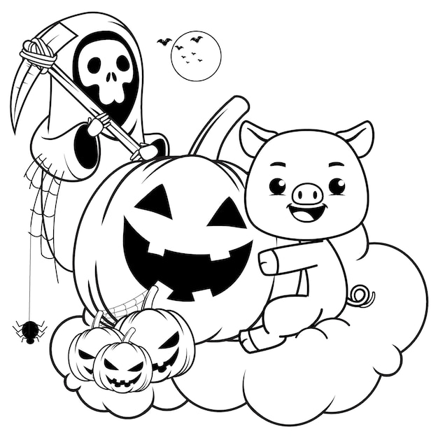 Halloween coloring page with pig for kids