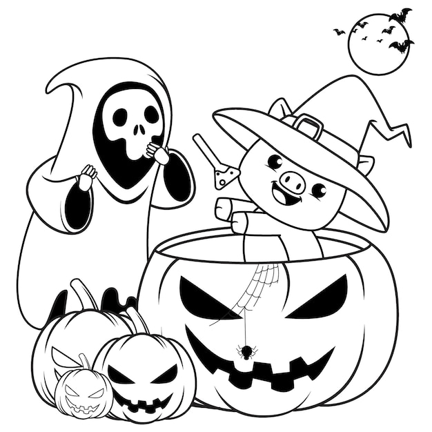 Halloween coloring page with pig for kids