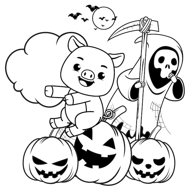 Halloween coloring page with pig for kids