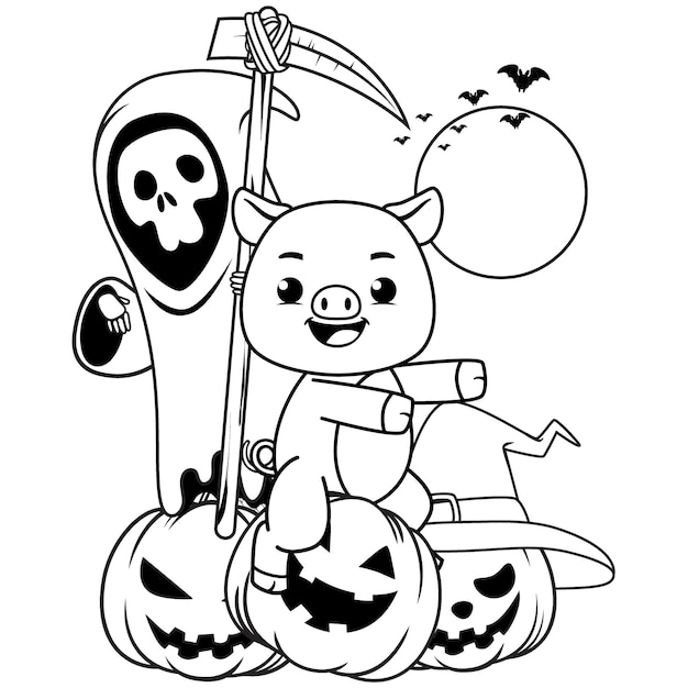 Halloween coloring page with pig for kids