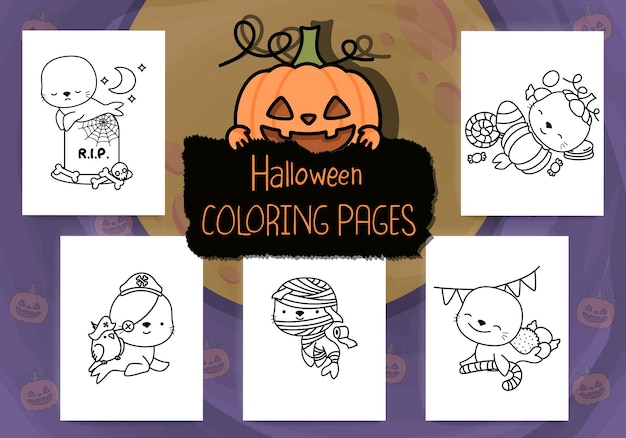 Halloween Coloring Pages Pack. Set of Outline Halloween Seal for Coloring Page.