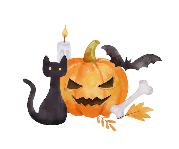 Halloween composition for card. Pumpkin, bat. Bright watercolor illustration isolated on white