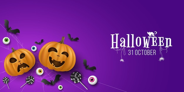 Halloween cover of emotional cartoon pumpkins with 3d eyes black lollipops bats on purple background Trick or treat Cover for holiday Design greeting card Vector illustration