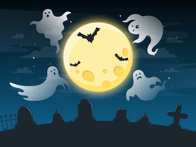 Halloween creepy poster. Flying scare ghosts, spooky ghost halloween character on dark ominous background, halloween poster  illustration. Poster halloween with horror ghosts