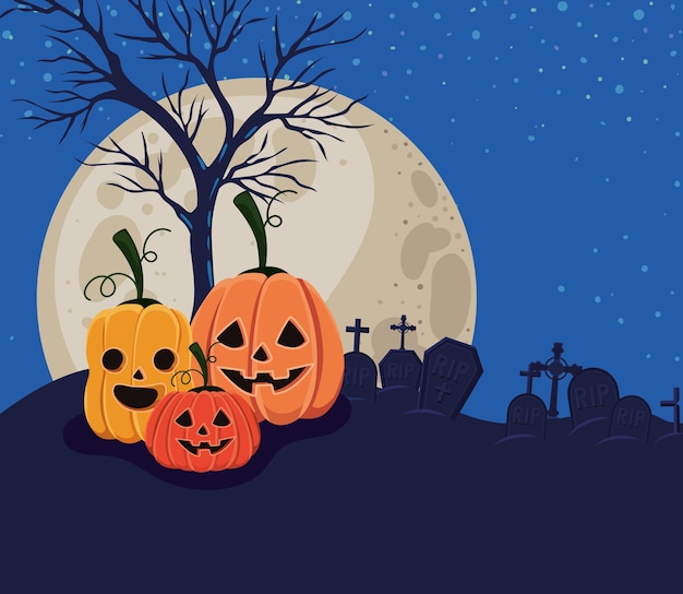 Halloween crosses graves pumpkins and trees in front of moon landscape design, Holiday and scary theme