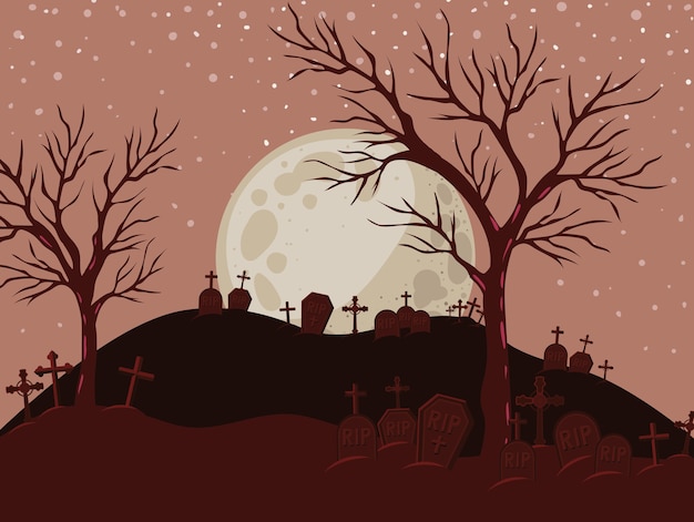 Halloween crosses graves and trees in front of moon landscape design, Holiday and scary theme