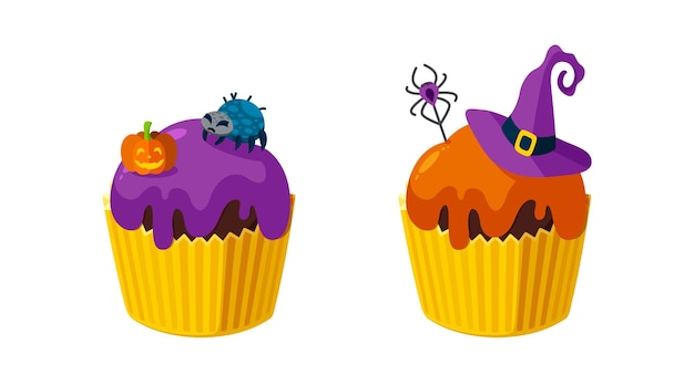 Halloween cupcakes with spiders pumpkin and witch hat Dessert for Halloween party Vector