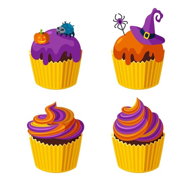 Halloween cupcakes with spiders, witch hat and spiral frosting. Desserts for Halloween party