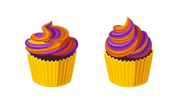 Halloween cupcakes with swirled icing Muffins with violet and orange frosting for Halloween party