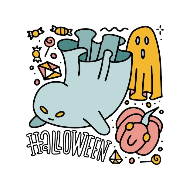 Halloween cute flying grosts and pumpkin line style color illustration vector hand drawn funny hallo