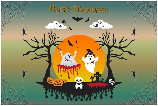 Halloween cute Ghost character pumpkins skull bat spooky trees with full moonlight shadow