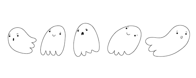 Halloween cute ghost house in sketch style. Doodle little ghost. funny smiling samhain ghosts set