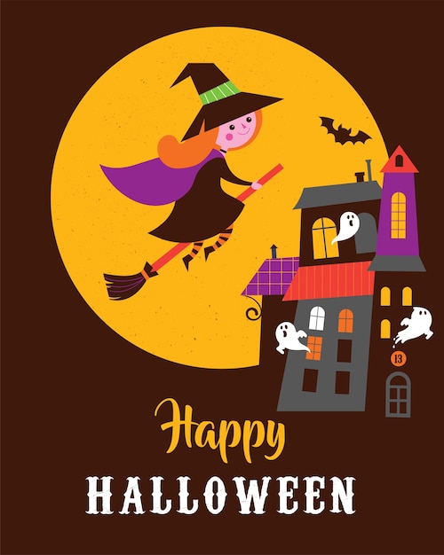 Halloween cute vector greeting cards with witch and haunted house, castle