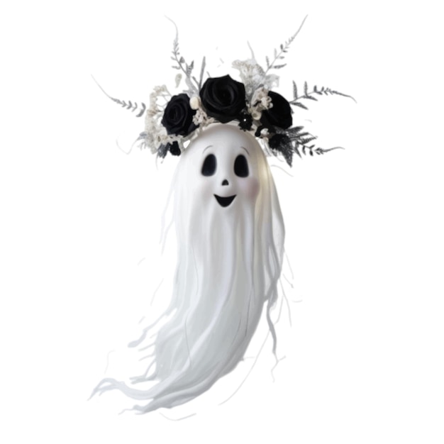 Vector halloween cute white veil ghost figure with black floral crown isolated on white background