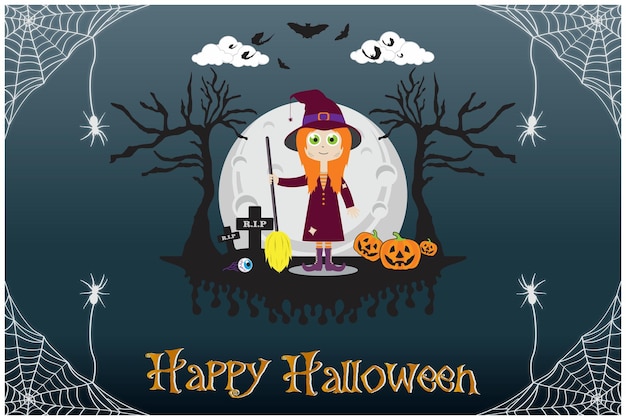 Halloween cute witch character pumpkin bat spooky trees with full moonlight shadow illustration