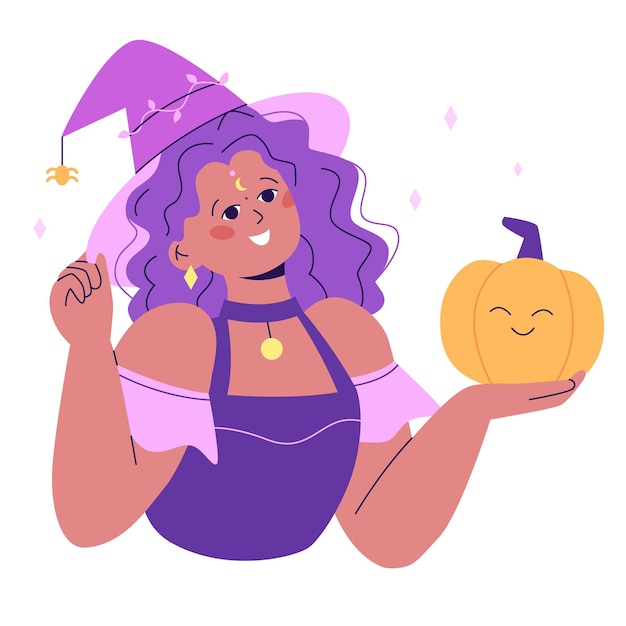 Halloween cute witch Smiling woman character in the Halloween costume with pumpkin