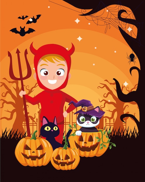 Halloween dark illustration with boy disguise of devil