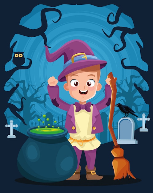 Halloween dark illustration with kid magician disguise