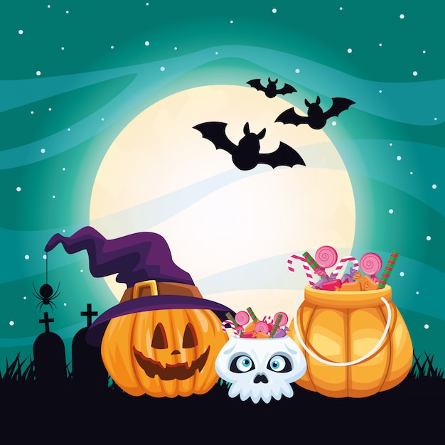 Halloween dark illustration with pumpkin and candies