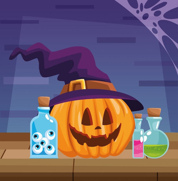 Halloween dark illustration with pumpkin and witch hat