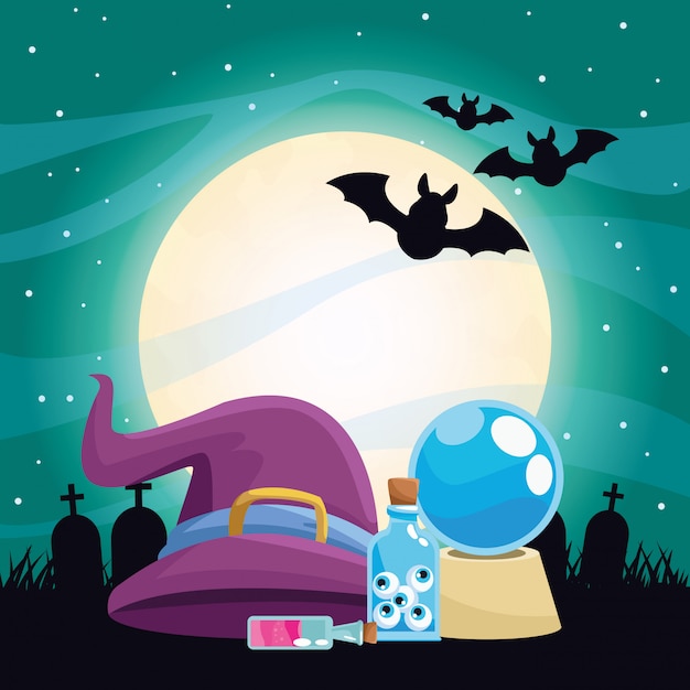 Halloween dark illustration with witch accessories