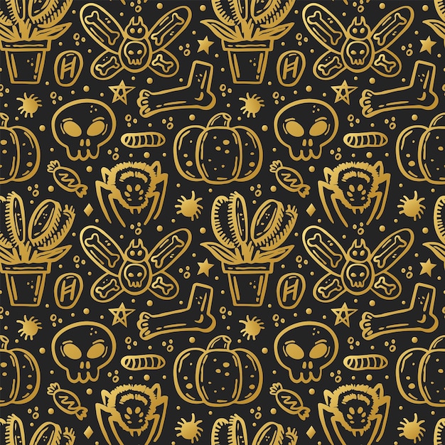 Halloween day of dead golden ink vector seamless pattern pumpkin spider skull candy insect