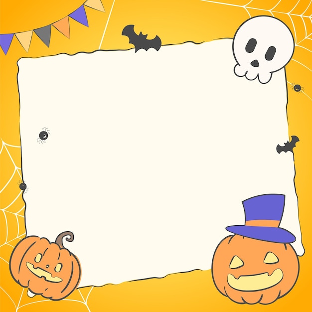 Halloween Day illustration with an orange background with a jack-o'-lantern and a skeleton.