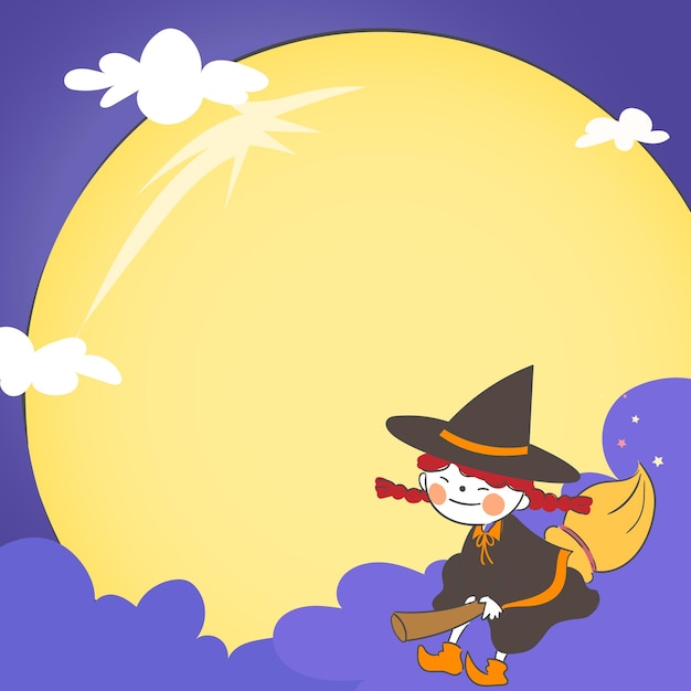 Halloween Day illustration with a witch flying in the sky on a broomstick on a full moon night.