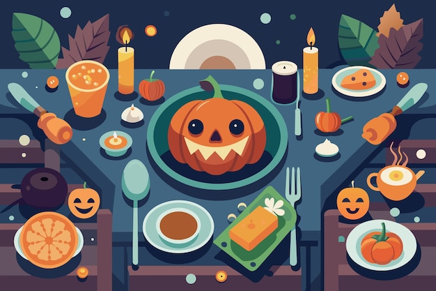 Vector halloween dinner table with pumpkinthemed decorations and candles festive table setting with jackolantern concept of halloween holiday feast and spooky celebration