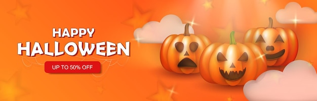 Halloween discount poster with 3d orange spooky carved pumpkins. Cartoon banner with Jack o lanters