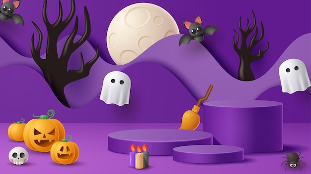 Halloween display podium decoration background with scary ornament Vector 3D Illustration