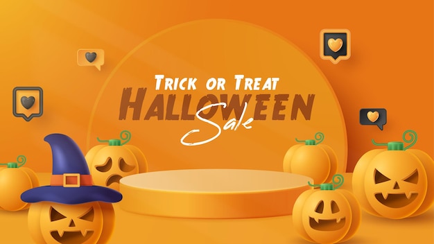 Halloween display podium decoration background with scary ornament Vector 3D Illustration