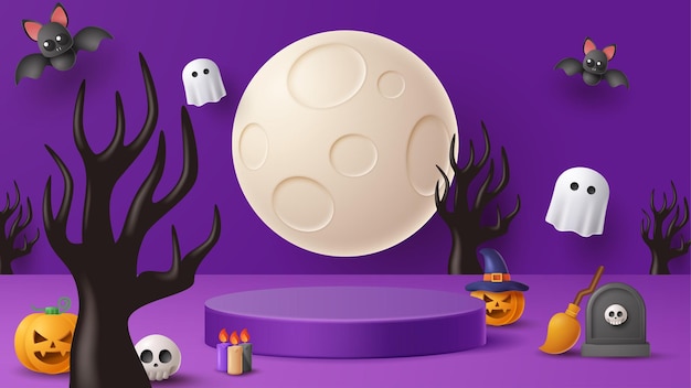 Halloween display podium decoration background with scary ornament Vector 3D Illustration