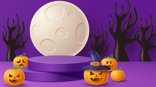 Halloween display podium decoration background with scary ornament Vector 3D Illustration