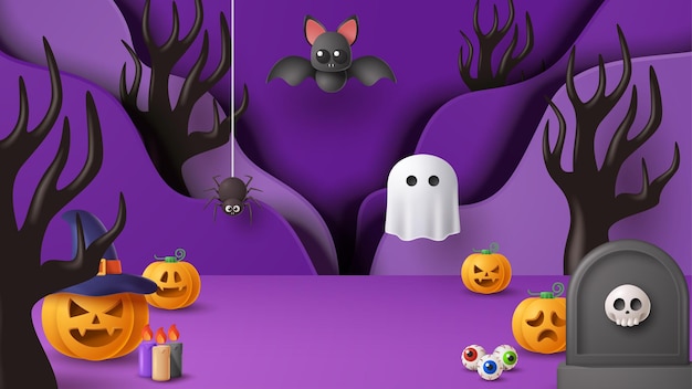 Halloween display podium decoration background with scary ornament Vector 3D Illustration