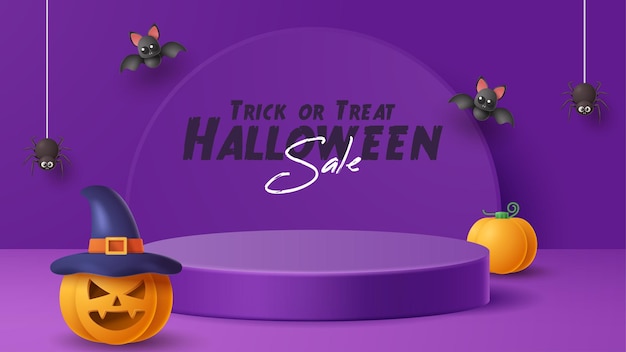 Halloween display podium decoration background with scary ornament Vector 3D Illustration