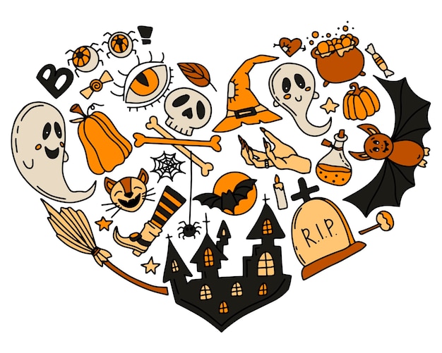 Halloween Doodle Heart Collage Digital hand drawn set