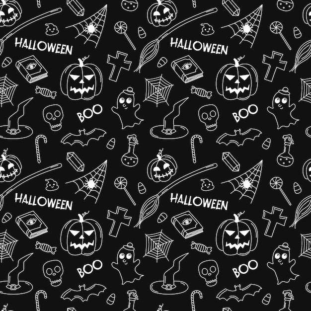 Halloween doodle pattern Vector black and white scribble repeat illustration Halloween seamless dark background with autumn holiday symbols jack lanterns ghost witch attributes Hand drawn element