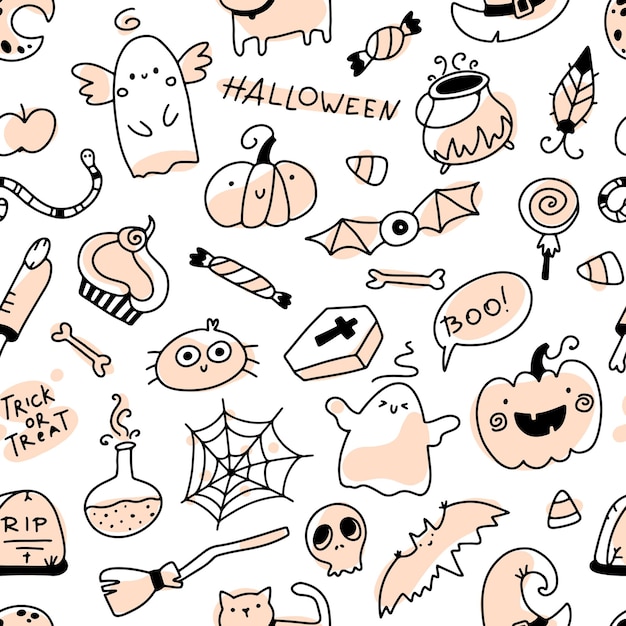 halloween doodle seamless pattern holiday characters and horrible elements hand drawn cartoon