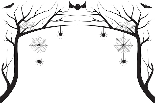 Vector halloween dry tree with stretched bat hanging on spider web black and white isolated background