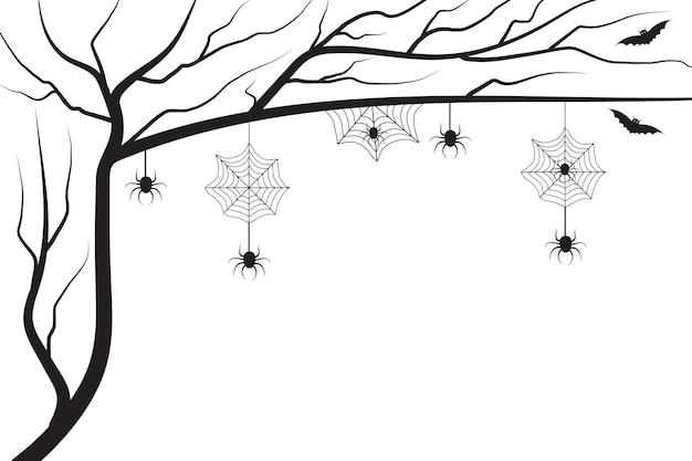 Halloween dry tree with stretched Bat Hanging on spider web black and white isolated background