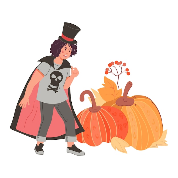 Halloween element with child in costume of vampire and pumpkin flat vector