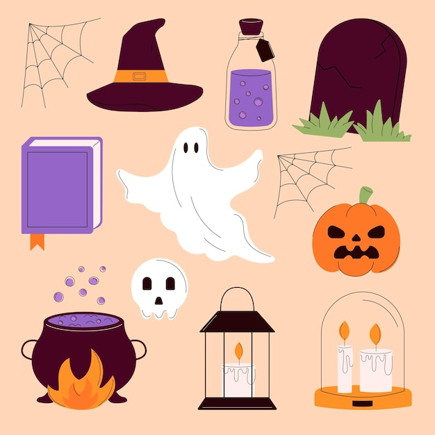 Halloween elements set tombstone witch hat ghost pumpkins candles spiderweb  flat Illustration