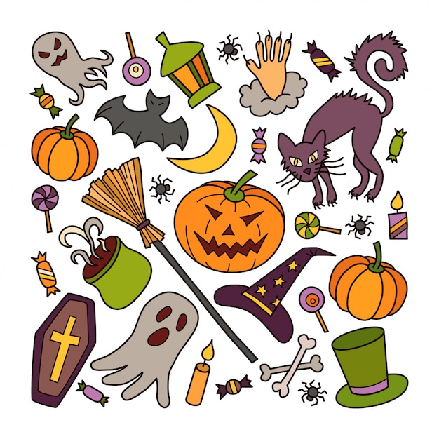 Halloween elements set with pumpkin, ghost and witch hat in doodle style. Hand drawn illustration