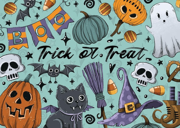 Halloween elements Trick or treat background with pumpkins, witch's elements and cat vampire