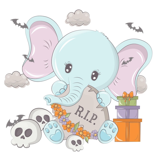 Halloween elephant with cartoon skulls. Vector illustration of Halloween animal.