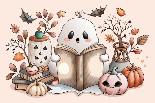 Vector halloween fall cute ghost read book